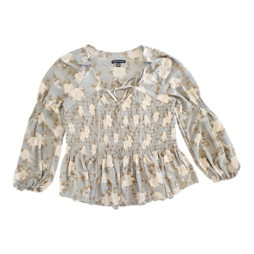 AMERICAN EAGLE Smocked Floral Blouse Blue Cream Ivory Boho Peplum Size Small - Picture 1 of 11